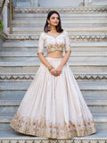 Off white Color Sequins And Thread Embroidery Work Vichitra Silk Lehenga Choli