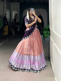 Peach bridal lehenga with wine silk dupatta
