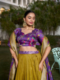Mustard Color Printed (Kalamkari) With Zari Weaving Border Dola Silk Lehenga Choli