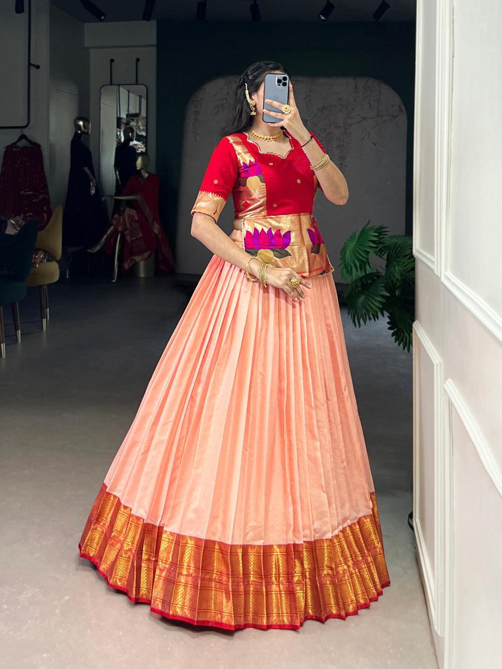 Peach South Indian-style lehenga with zari border