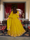 Mustard Color Sequins And Thread Embroidery Work Georgette Lehenga Choli