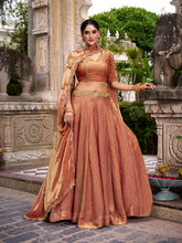 Sequins and thread work rust orange lehenga