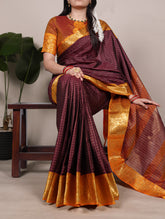 Brown poly cotton chex saree with zari weaving