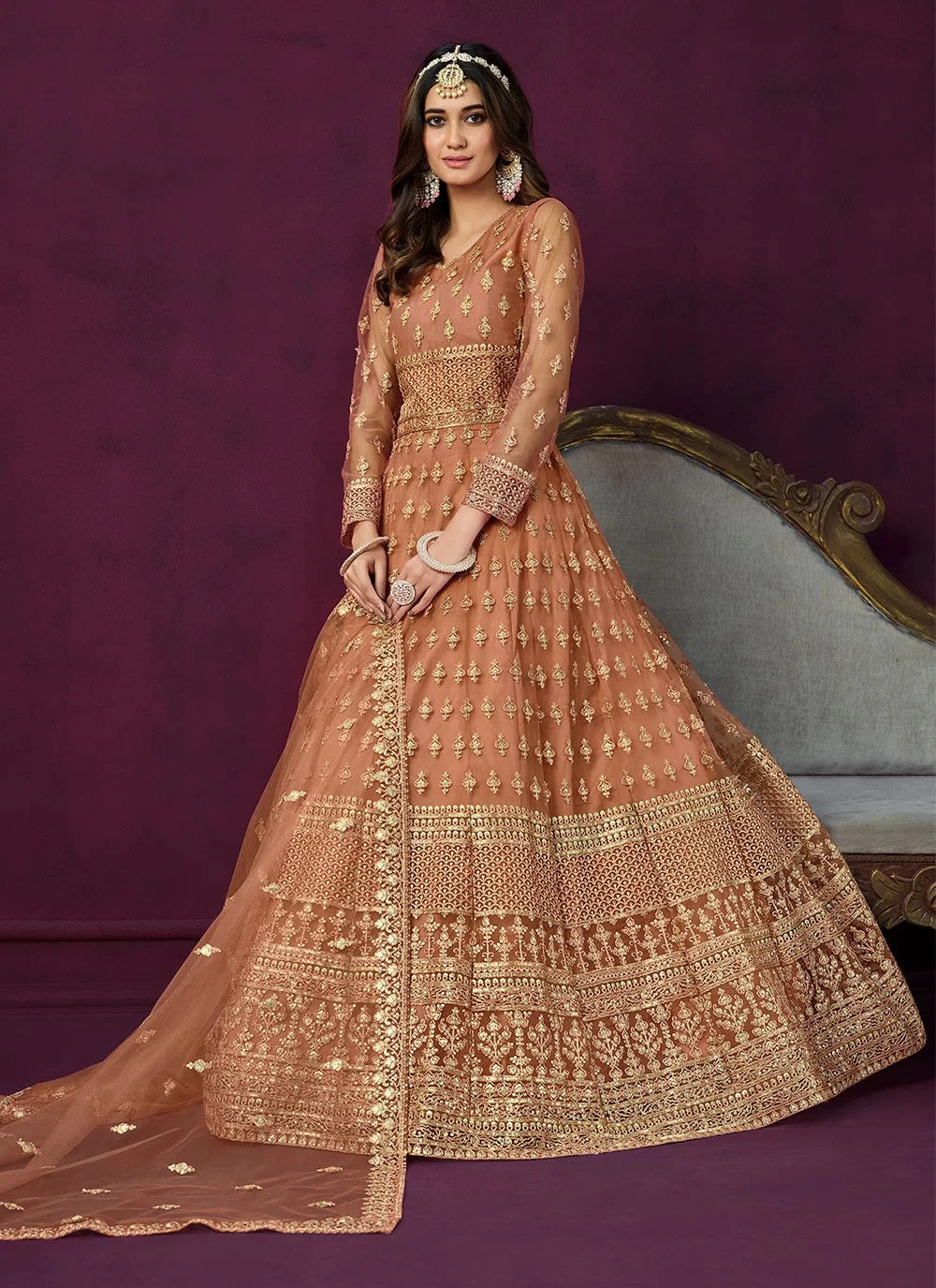 Brown Color Party Wear Anarkali Dress In Net