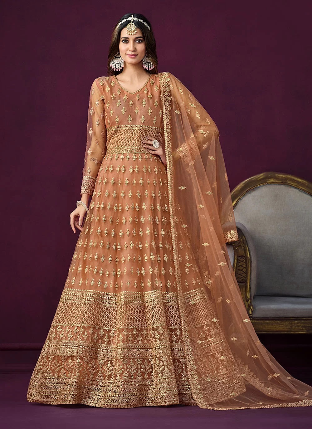 Brown Color Party Wear Anarkali Dress In Net