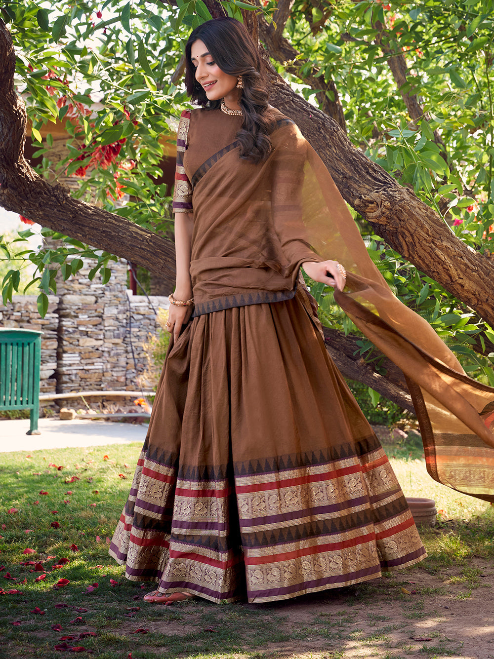 Brown Chanderi lehenga choli with zari border
