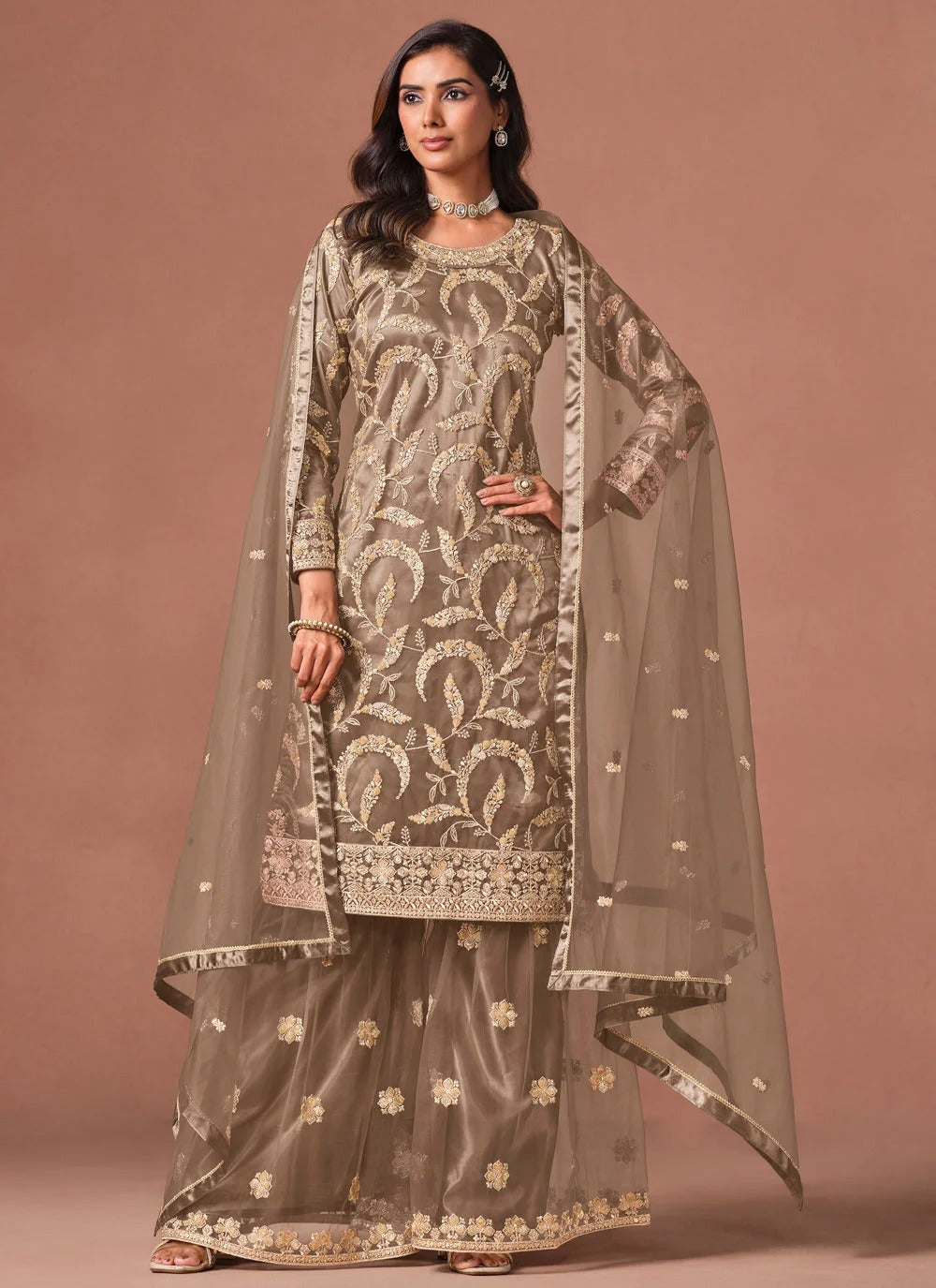 Brown palazzo salwar suit featuring intricate embroidery, sequins and zari work
