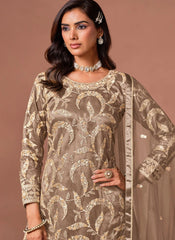 Brown party wear palazzo suit with detailed zari and sequins embellishment.