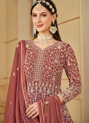 Brown faux georgette embroidered anarkali suit set for festive and wedding guest wear