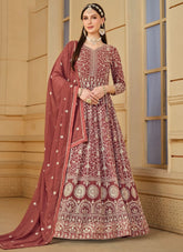 Embroidered Anarkali Suit Set in Brown | Faux Georgette Festive Ethnic Wear