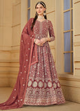 Embroidered Anarkali Suit Set in Brown | Faux Georgette Festive Ethnic Wear