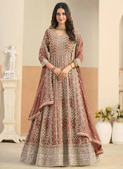 Embroidered brown Anarkali dress with dupatta