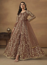 Brown Net Embroidered Work Pant Style Anarkali Suit