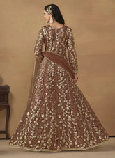 Brown Net Embroidered Work Pant Style Anarkali Suit