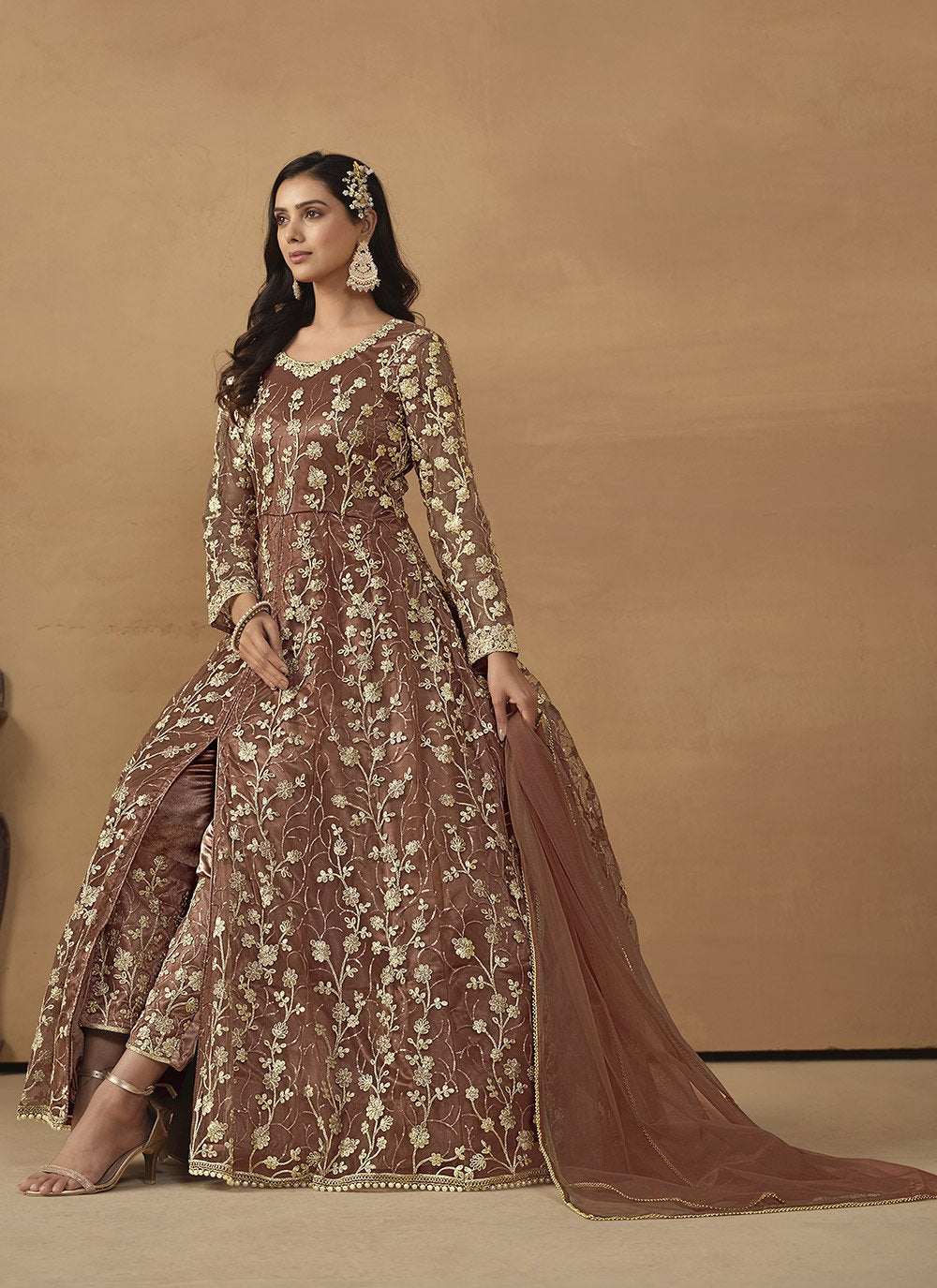 Brown Net Embroidered Work Pant Style Anarkali Suit