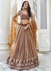 Brown Net Thread and sequins Work Party Wear Indian Lehenga