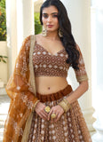 Brown Net Thread and sequins Work Party Wear Indian Lehenga