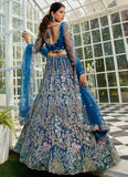 Navy net lehenga with cutwork border and 3.3 meter flair