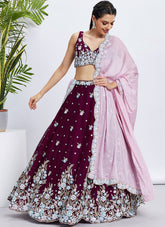 Burgundy Poly Georgette Bridesmaid Lehenga with Sequins & Thread Embroidery