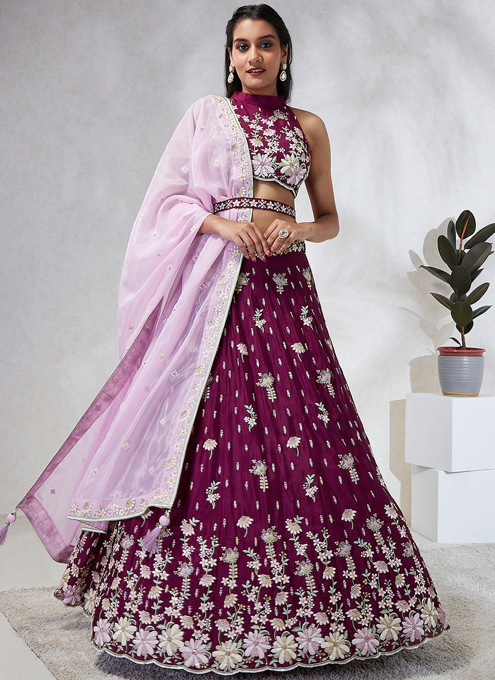 Burgundy Poly Georgette Lehenga Choli Set with Printing and Swarovski Stone