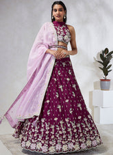 Burgundy Poly Georgette Lehenga Choli Set with Printing and Swarovski Stone