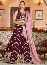 Exquisite Burgundy Wedding Guest Lehenga with Pink Silk Dupatta