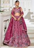Burgundy Tissue Embroidered Lehenga Choli with Cutwork Dupatta