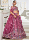 Burgundy Tissue Embroidered Wedding Lehenga Choli with Sequins & Cutwork Dupatta