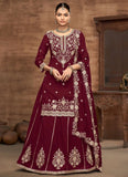 stitched lehenga choli for wedding in burgundy silk