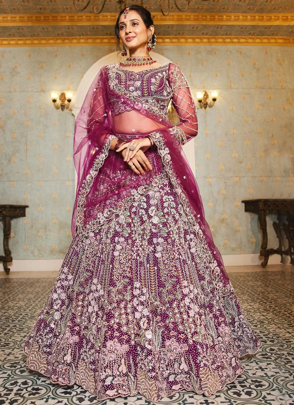 Gorgeous Burgundy Net Embroidered Wedding Lehenga for Bride