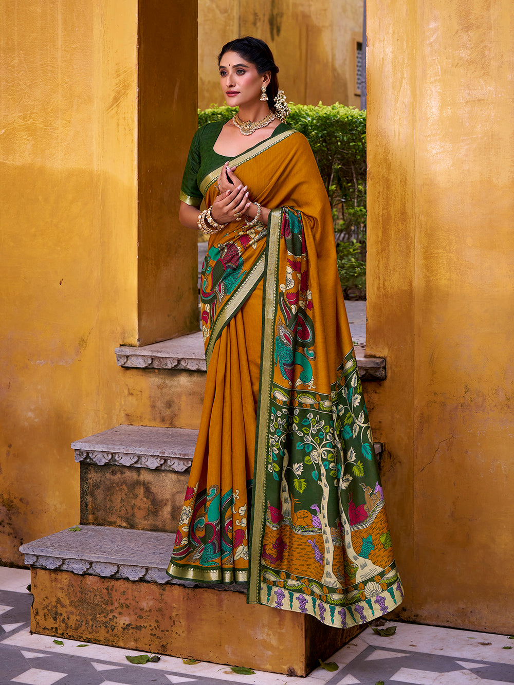 Mustard kalamkari print chanderi saree