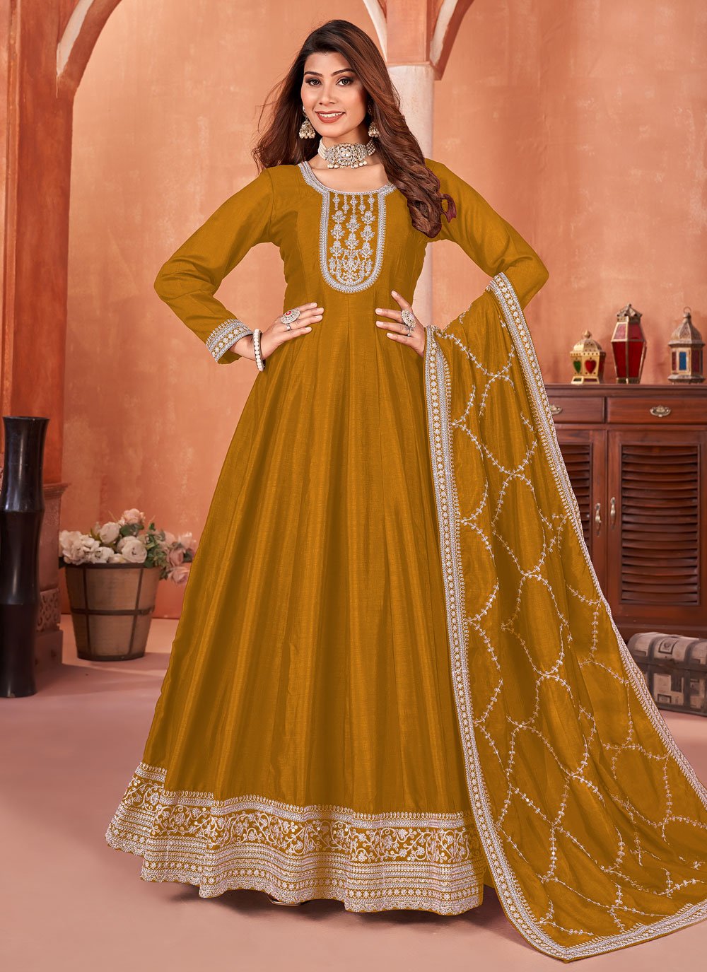 Charming Art Silk Embroidered Indian Anarkali Suit In Mustard
