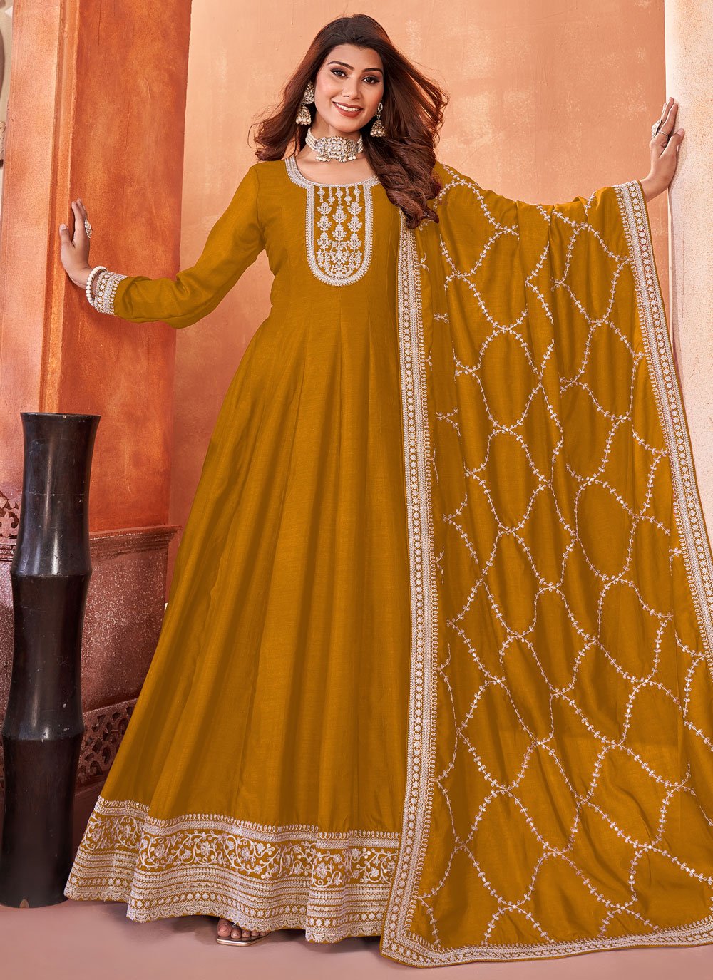 Charming Art Silk Embroidered Indian Anarkali Suit In Mustard