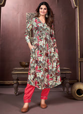 Charming Green Riyon Handwork Alia Cut Kurti Pant Set