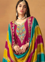 Chinon Silk Pant Style Pakistani Embroidered Suit In Rani