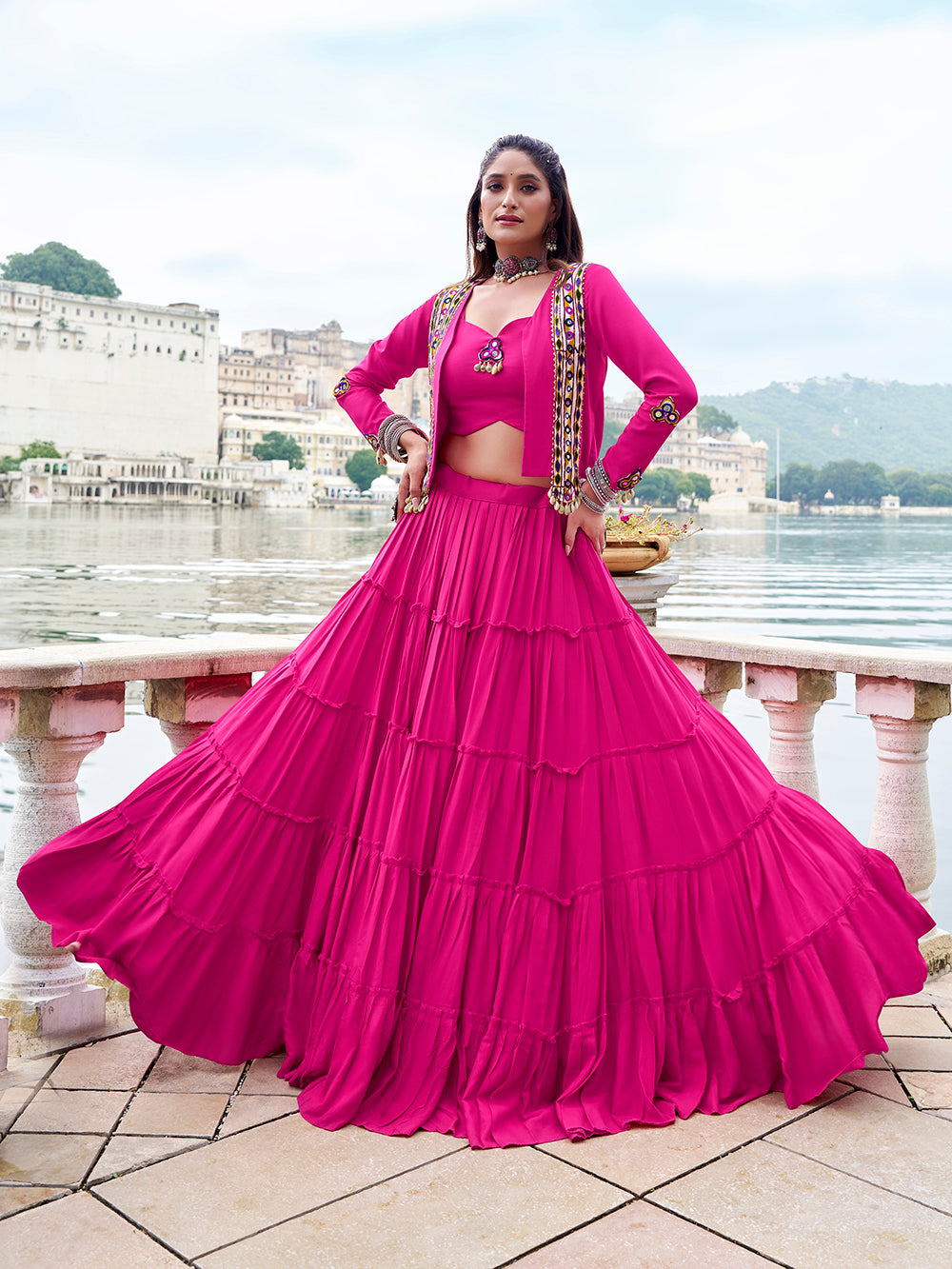 Pink mirror gamthi work lehenga choli