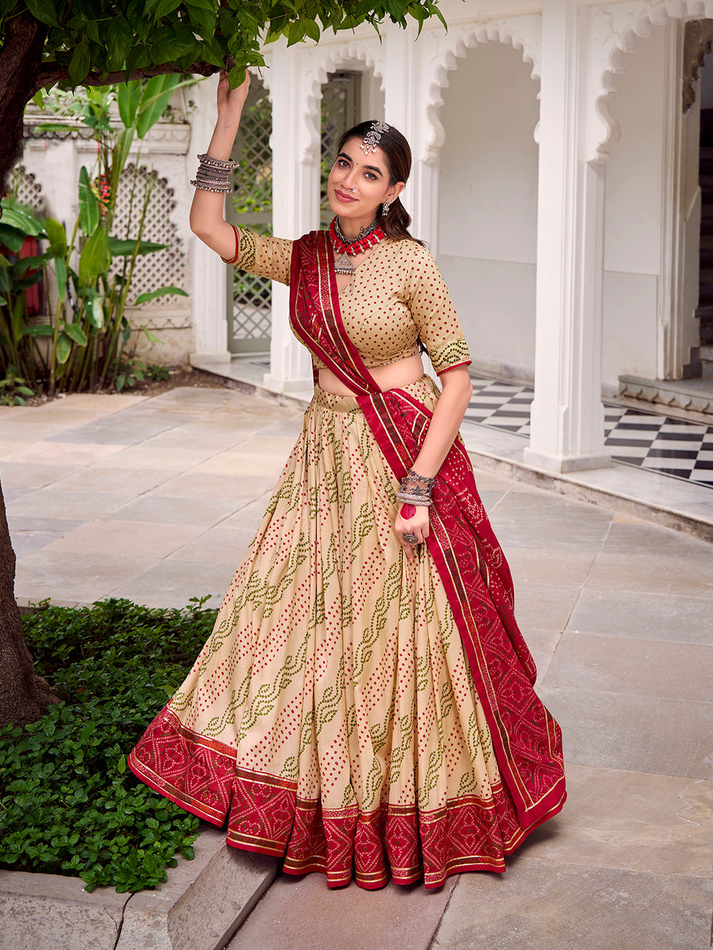 Off-white tasar silk bandhej print lehenga choli