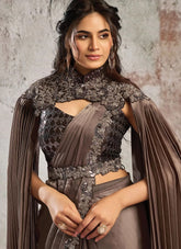 Coffee Ready-To-Wear Saree in Lustrous Armani Satin