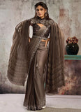 Coffee Lustrous Armani Satin Ready-To-Wear Saree with Floral Motifs & Beads Work