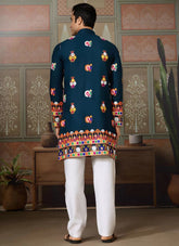 Trendy Teal Blue Cotton Mirror Work Men’s Kurta for Navratri