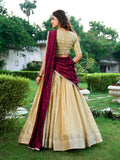 Cream Color Zari Weaving Work Kanchipuram South Indian Lehenga Choli