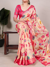 Tussar silk saree with viscose border in cream color