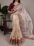 Cream zari kota tissue saree