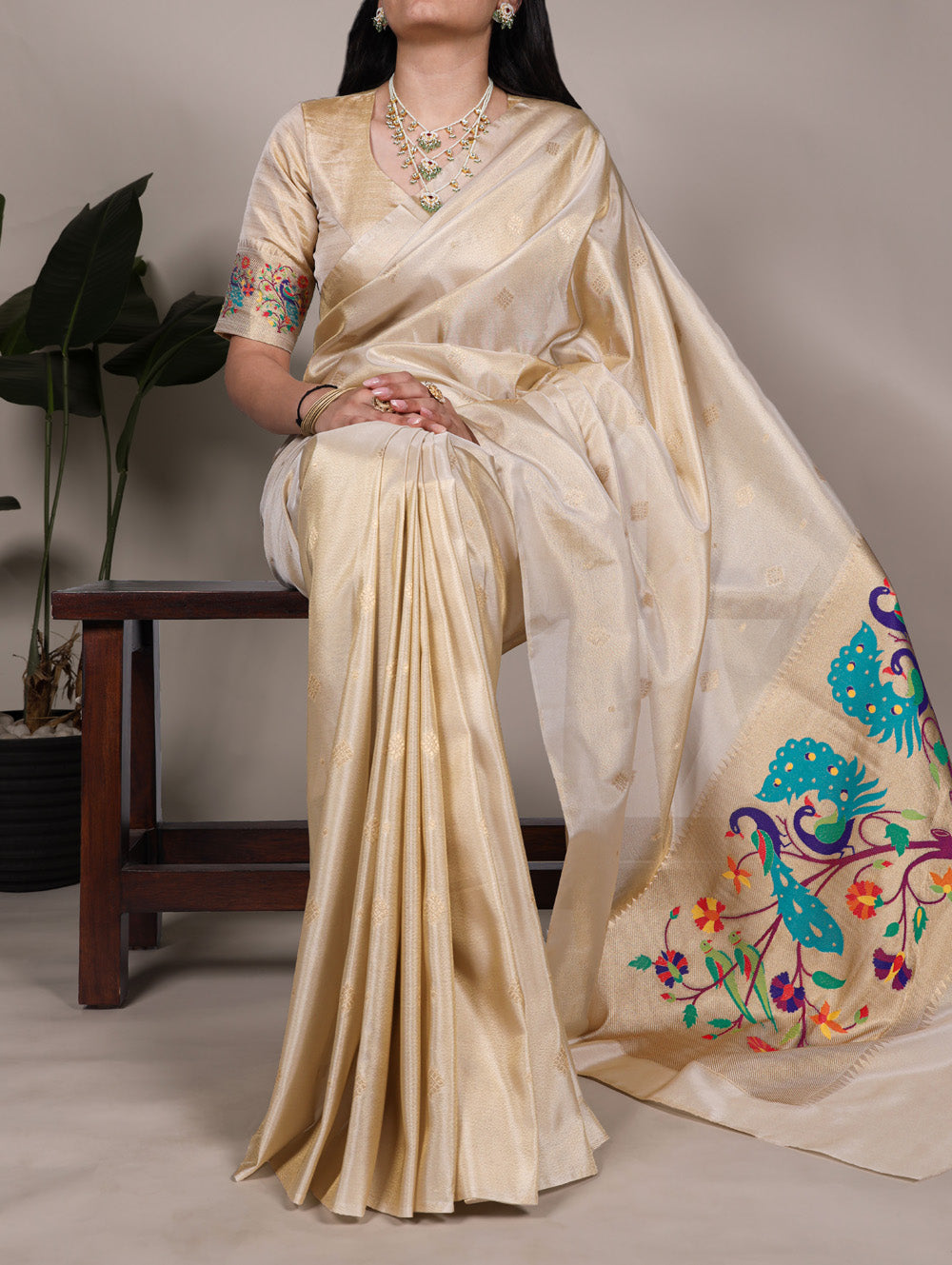 Cream tissue Paithani saree with zari weaving
