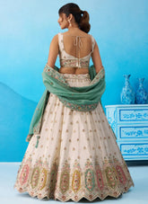 Cream Embroidered Tissue Lehenga Set with Sky Blue Dupatta