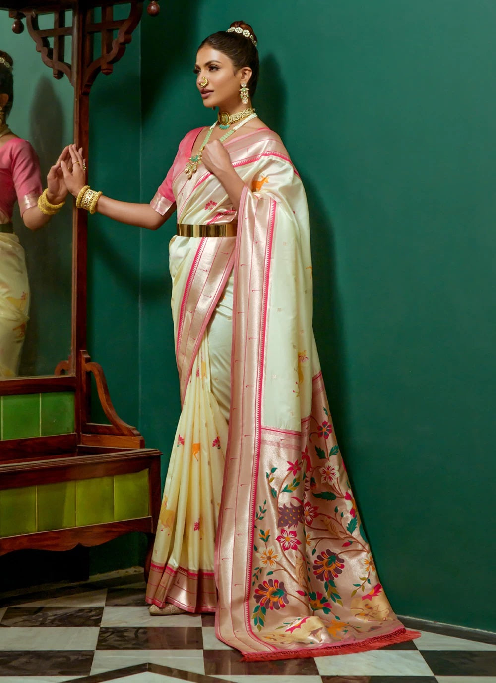 Cream Meenakari Paithani Silk Saree