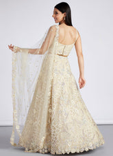 Cream Net Sequins And Mirror Work Wedding Lehenga