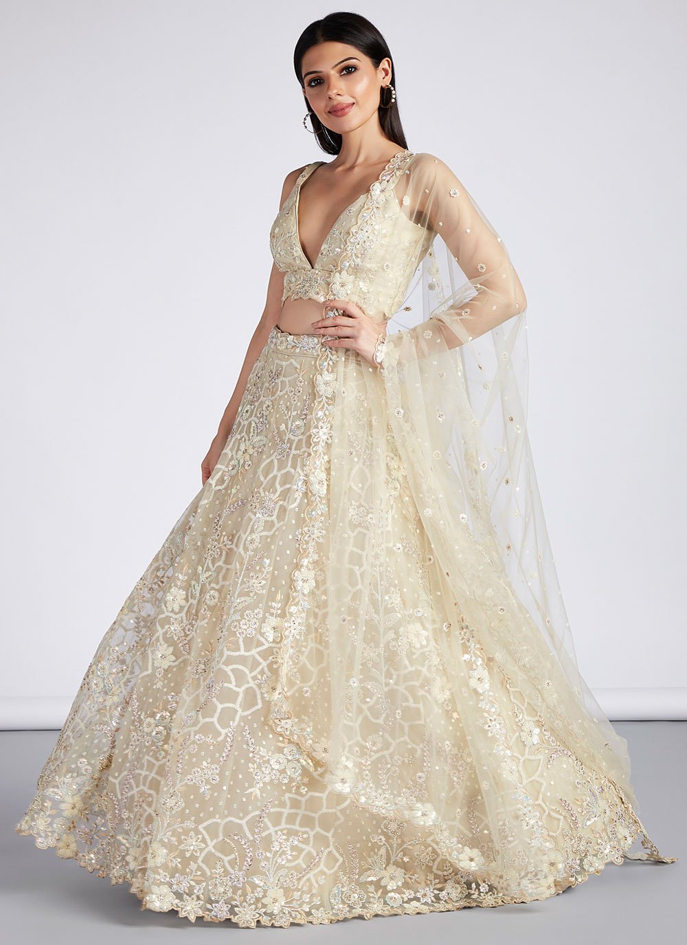 Cream Net Sequins And Mirror Work Wedding Lehenga