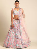 Cream Net Sequins, Mirror and thread embroidered Lehenga choli with Dupatta