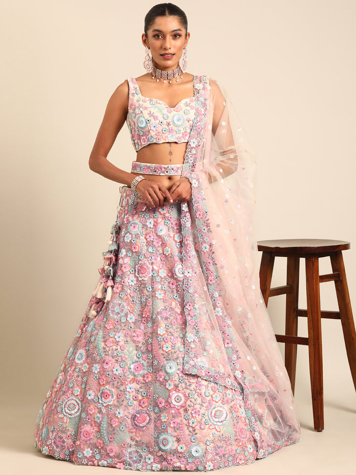 Cream Net Sequins, Mirror and thread embroidered Lehenga choli with Dupatta